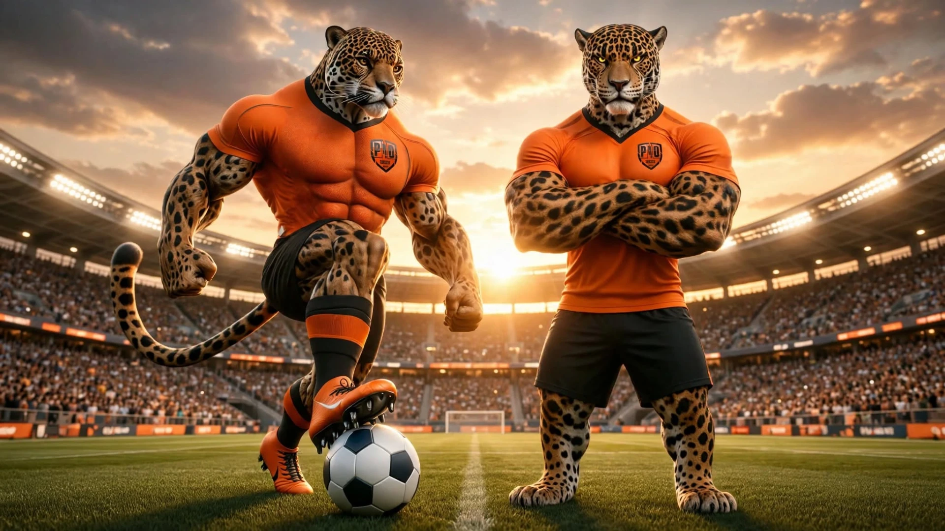 Mascotes onças da Pro Soccer Academy em estádio
